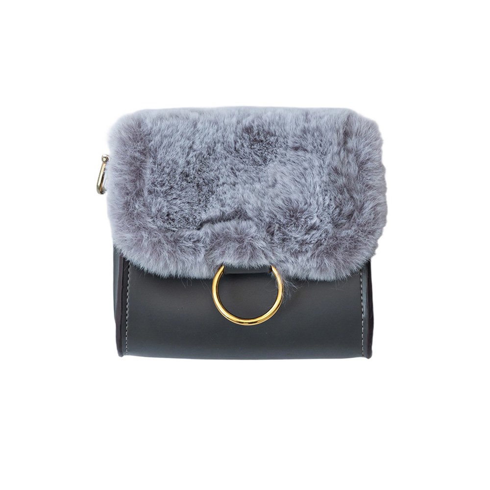 Grey Faux Leather Wallet with Faux Fur Flap | Gold Ring Decor