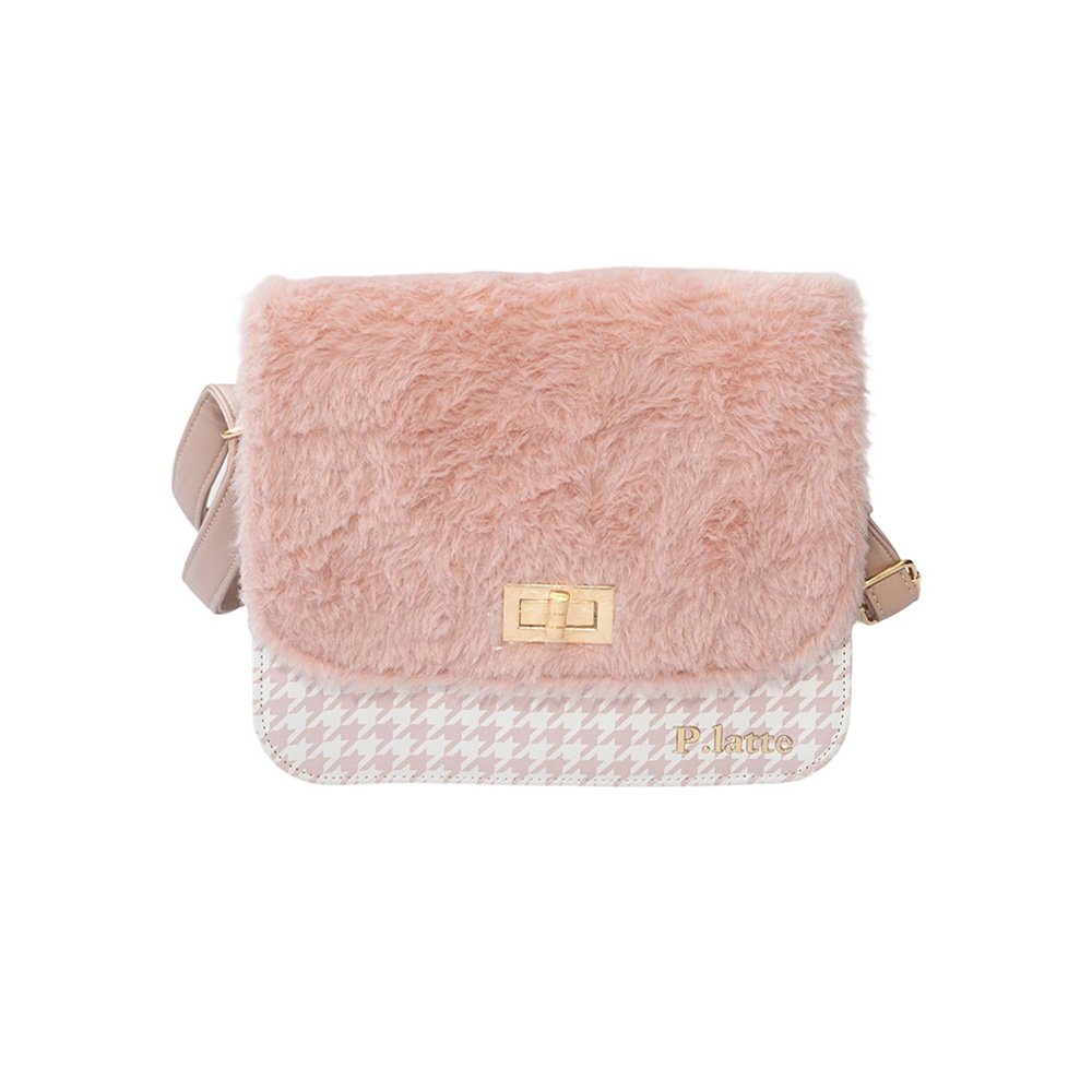 Pink Faux Fur Flap Crossbody Bag | Houndstooth Faux Leather Shoulder Purse with Adjustable Strap |