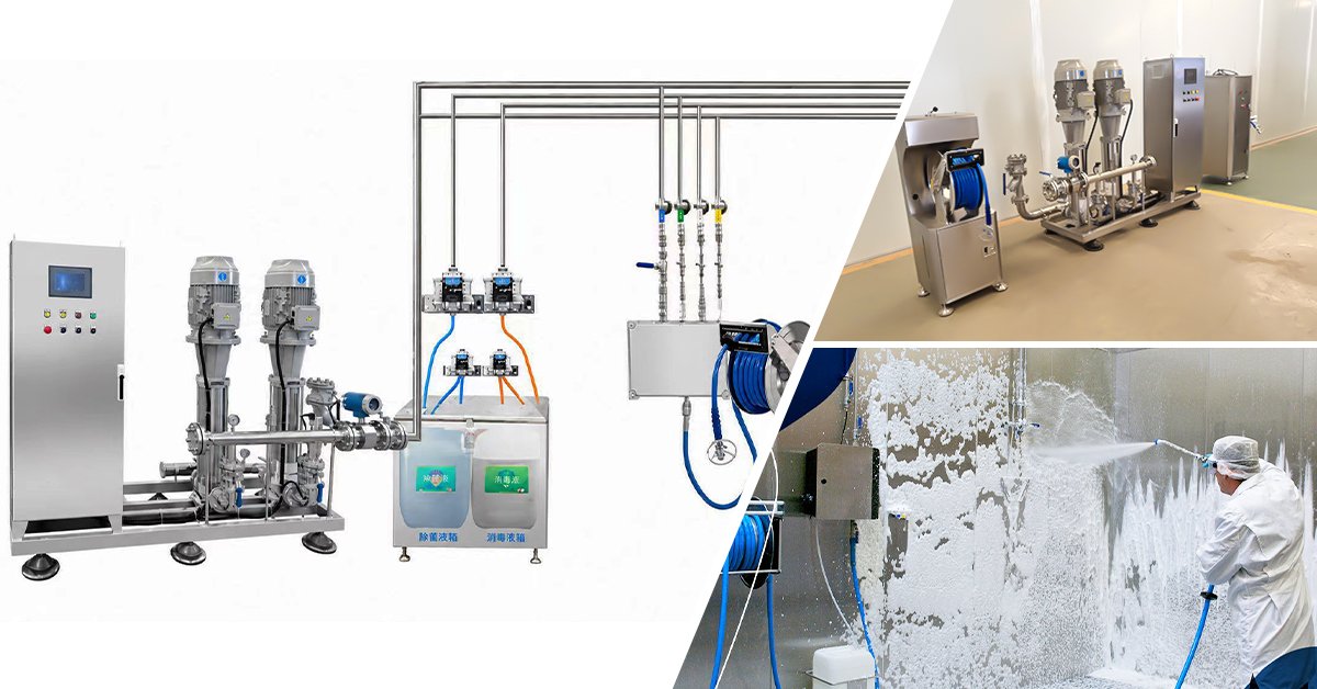 Henger Technology foam cleaning system four-phase process flow diagram showing foam application contact time rinse and sanitizing phases workshop real shot