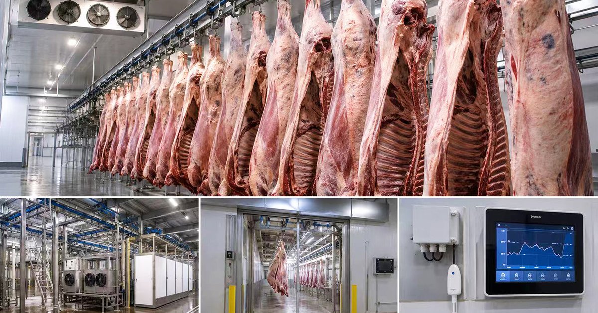 Henger Technology carcass chilling and acid cooling equipment installed in overseas slaughterhouse showing chilled carcasses on hanging conveyor with temperature monitoring workshop real shot