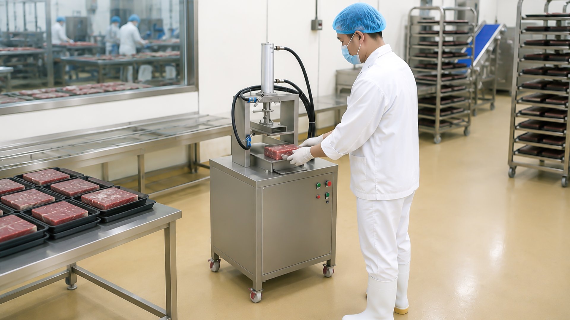Применение мясопресса Henger Global HE-MP001 на мясоперерабатывающем заводе.