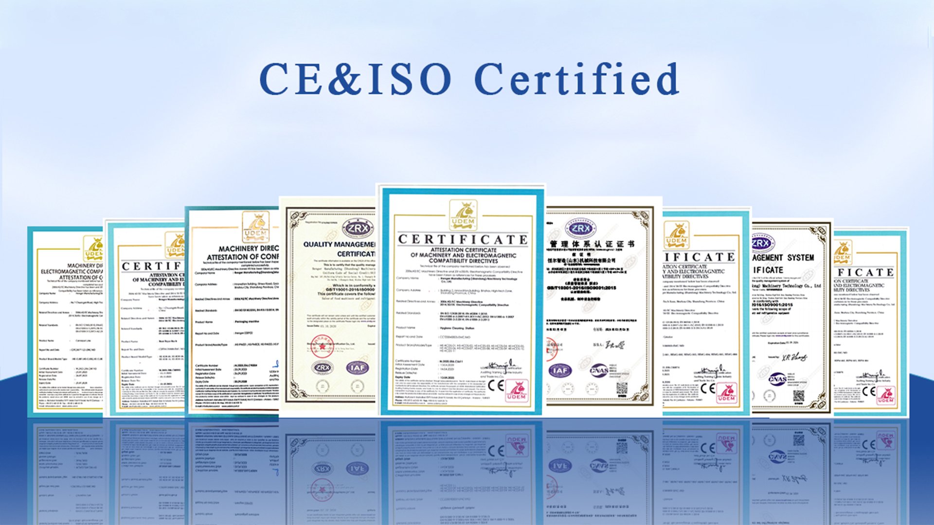 Henger Global CE ISO SGS certification documents for meat processing equipment
