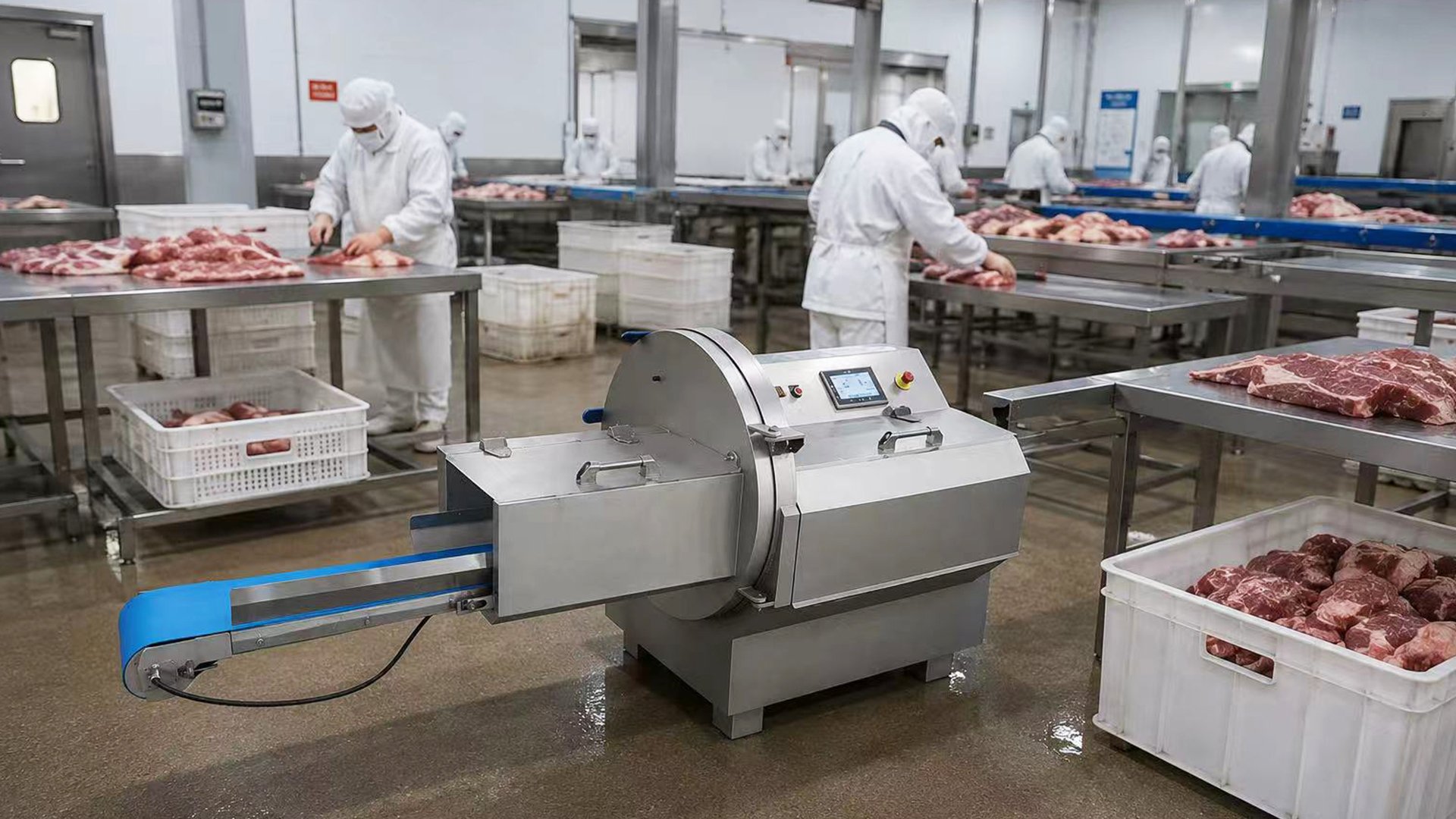 Henger Global HE-25 meat portion cutter application in bacon slicing line