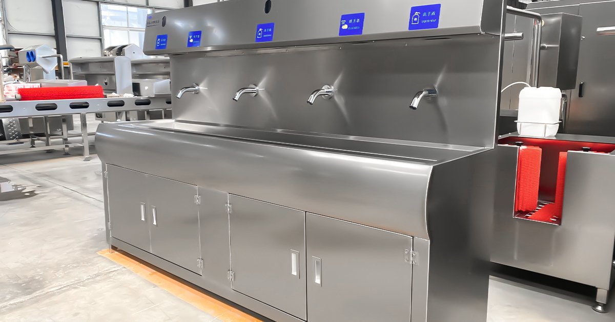 Henger Technology hand washing and disinfection station installed in South Africa cattle slaughter facility entry zone real shot