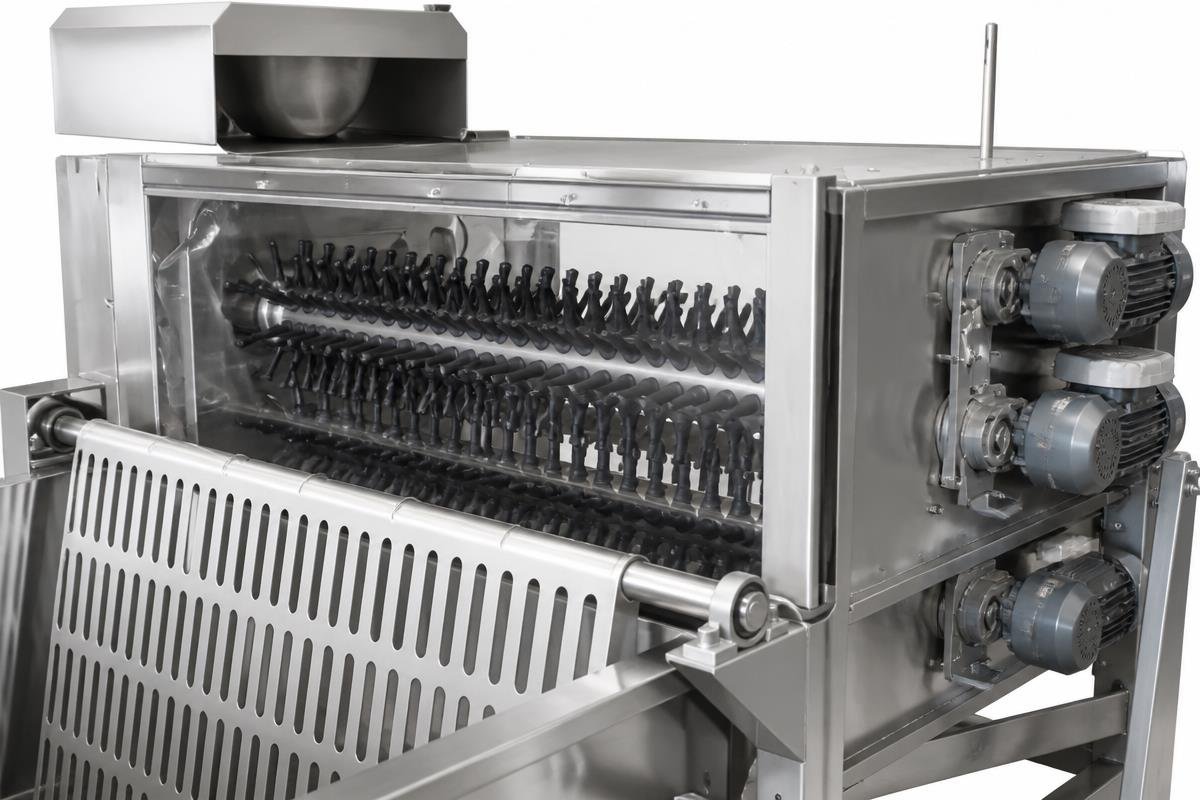 Stainless steel scalding tank for pig slaughter line with steam visible in processing facility