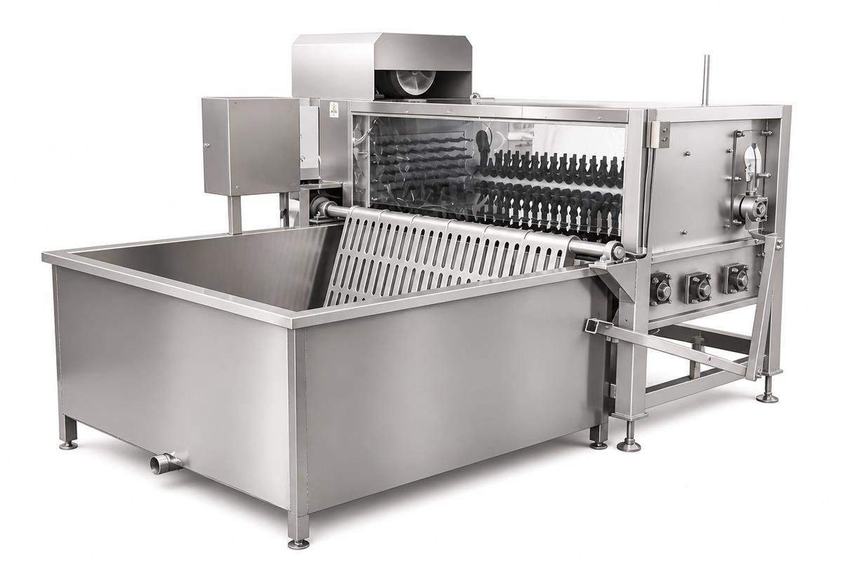 Continuous conveyor scalding tank for high-throughput pig slaughter line