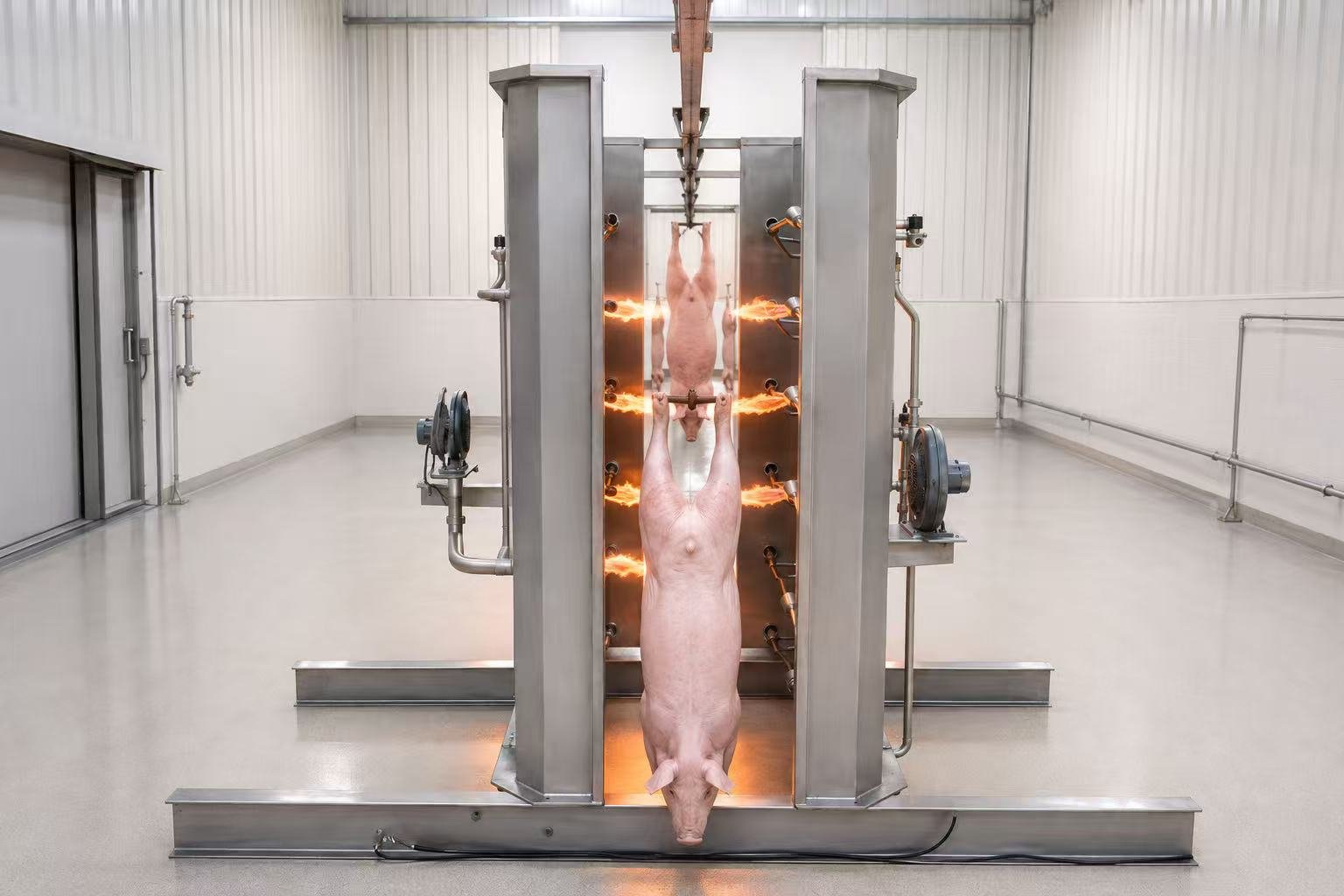 Hair singeing furnace for pig slaughter line — flame removes residual fine hairs after dehairing"