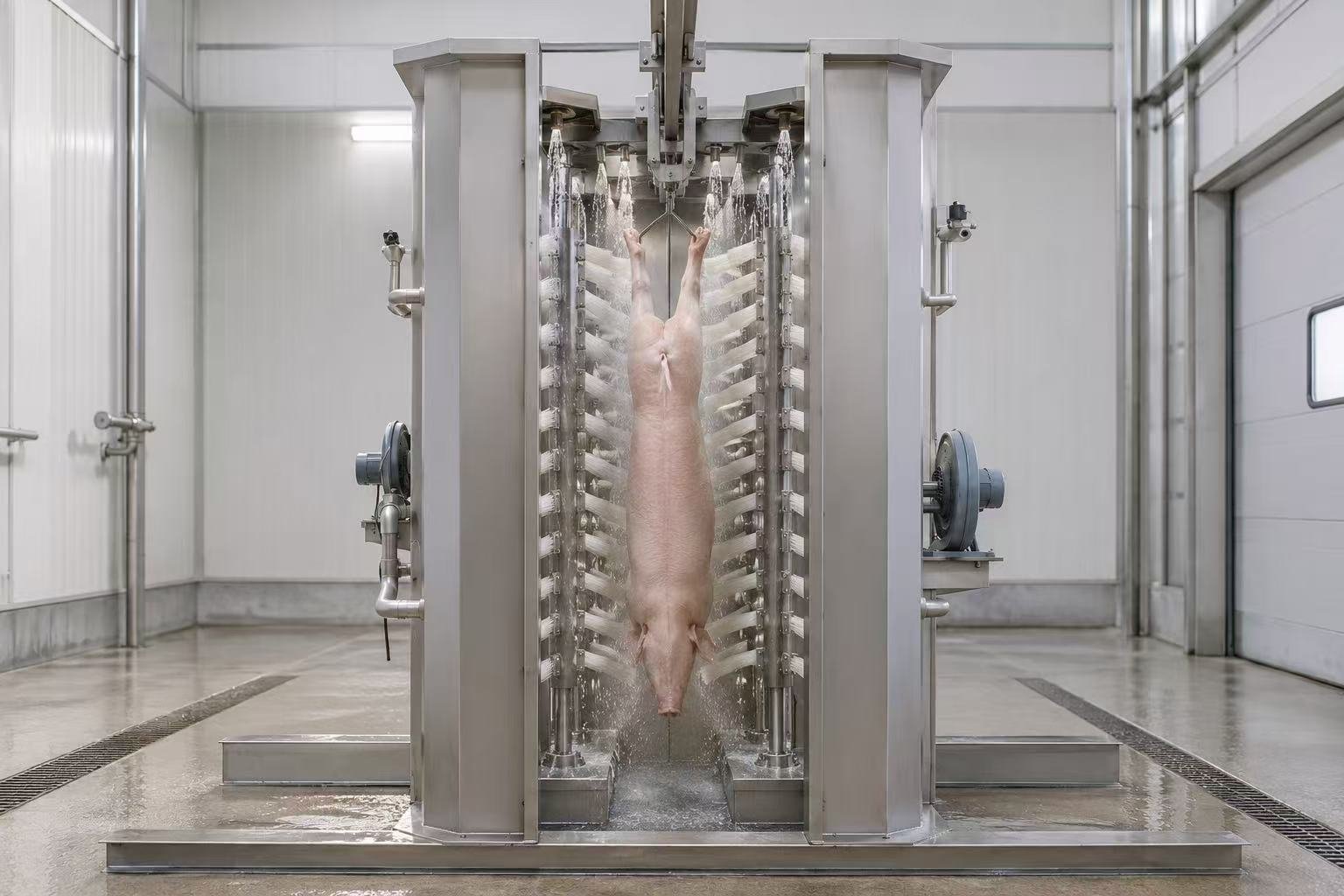 "Polishing washing machine for pig carcass — removes soot after singeing with warm water and rotating brushes"