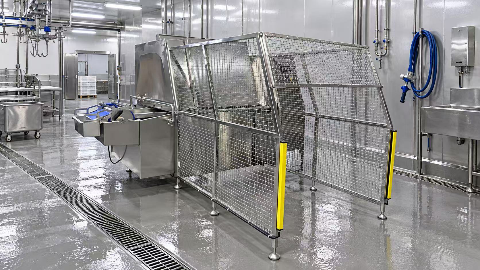 Henger Technology meat cart washing machine installed in meat processing plant washing area workshop real shot