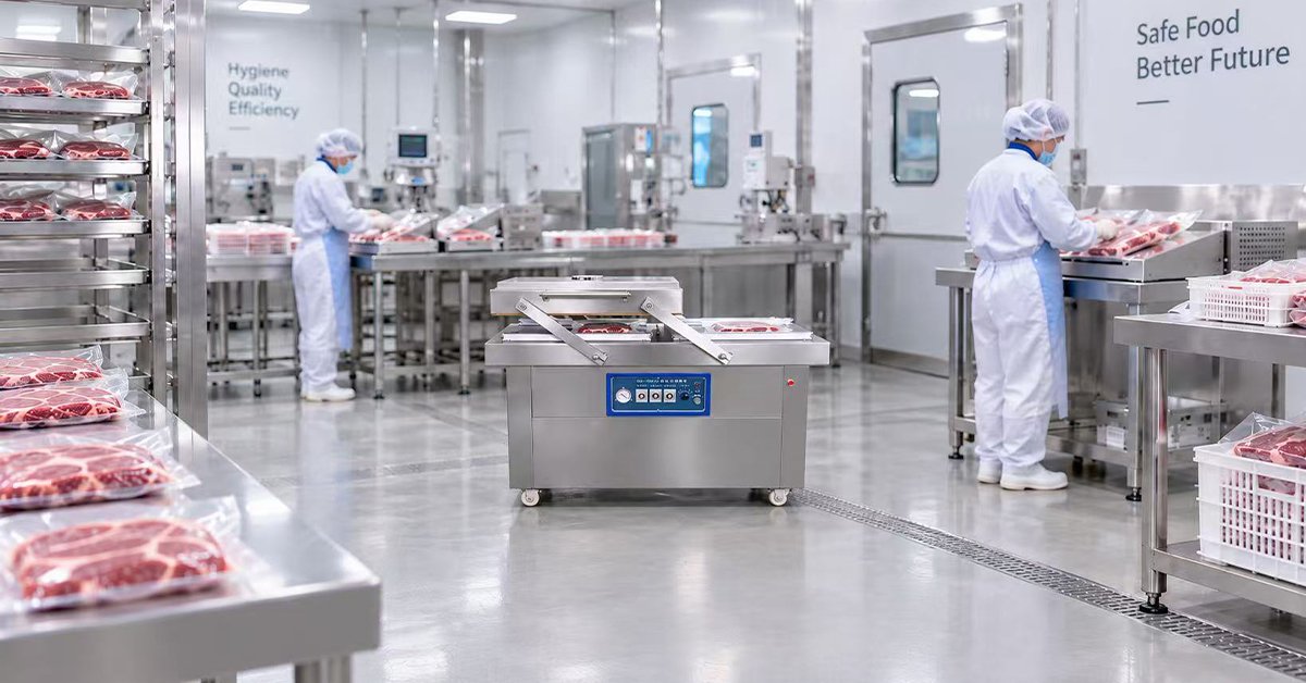 Henger Technology vacuum packaging machine sealing meat portions in processing plant packing room workshop real shot