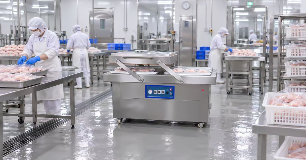 Henger Technology vacuum packaging machine packing poultry portions at Venezuela plant packing station workshop real shot