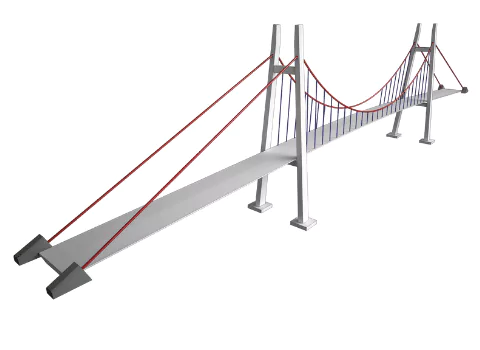 Suspension bridge structural diagram showing main cable and hanger system layout