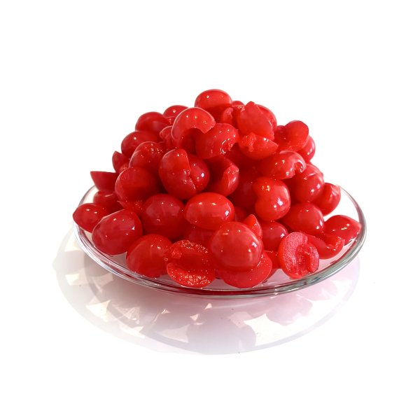 Metades de cerejas tingidas de vermelho
