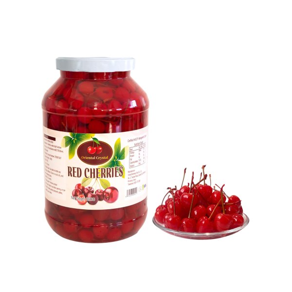 Cereja maraschino vermelha de 3600g com cabinho em garrafa de vidro