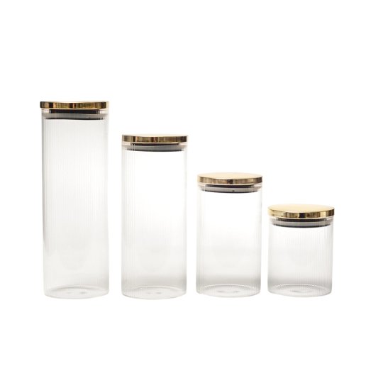 HB3333 Tarro de almacenamiento vertical de vidrio de borosilicato alto con tapa metálica