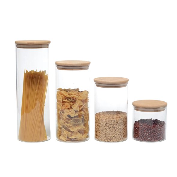 HB3927 Tarro de almacenamiento redondo de vidrio de borosilicato de alta calidad con tapa de bambú