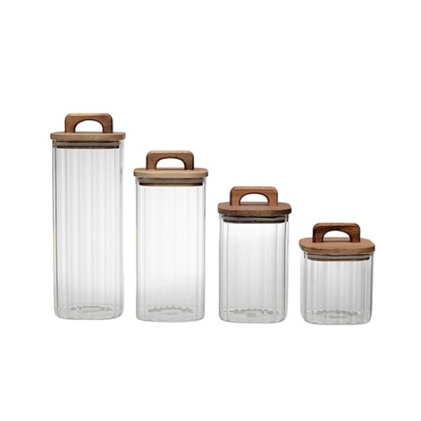 HB3516 Tarro de almacenamiento vertical cuadrado de vidrio de borosilicato alto con tapa de madera