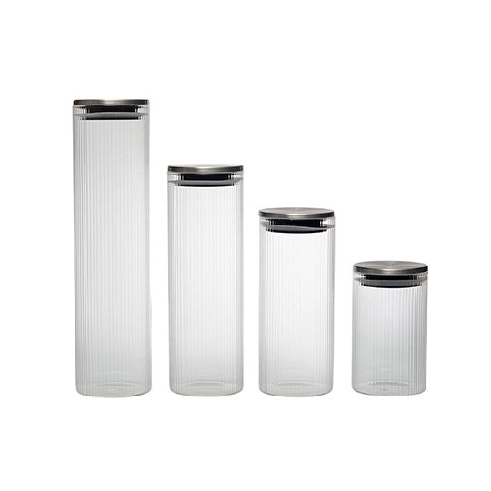 HB3514 Tarro de almacenamiento vertical de vidrio de borosilicato alto con tapa de hierro inoxidable