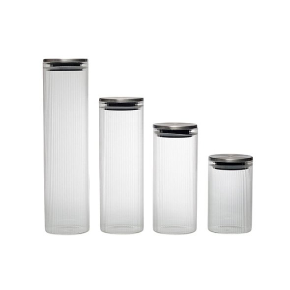 HB3514 Tarro de almacenamiento vertical de vidrio de borosilicato alto con tapa de hierro inoxidable