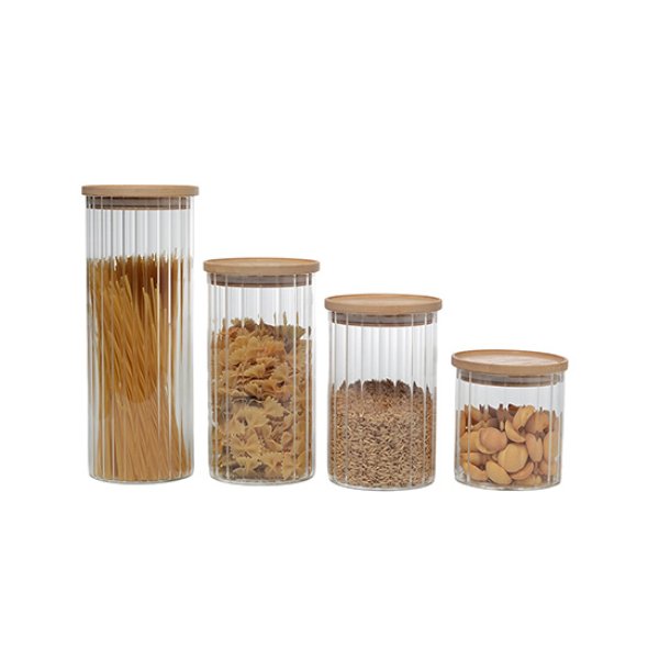 HB3426 Tarro de almacenamiento vertical de vidrio de borosilicato alto con tapa de madera