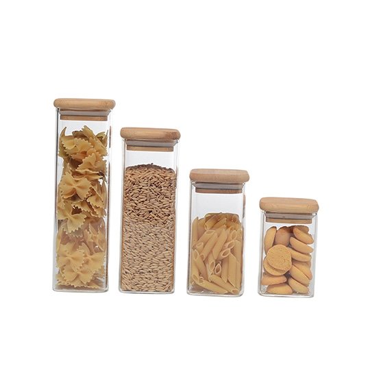 Tarro de almacenamiento cuadrado de vidrio de borosilicato alto HB3328 con tapa de bambú