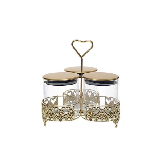 M55003B Juego de 3 tarros de cristal de lujo para dulces con soporte metálico