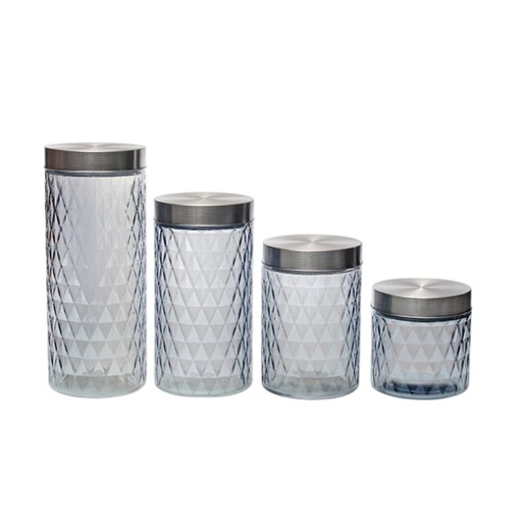 C3505A Tarros de almacenamiento decorativos de vidrio estriado con tapas de acero inoxidable