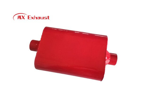 universal red exhaust muffler 2.5 inch inlet 3 inch outlet detail