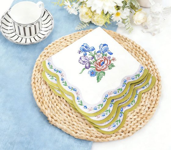 Iris Floral Paper Napkin With Gold Foil Scalloped Edge
