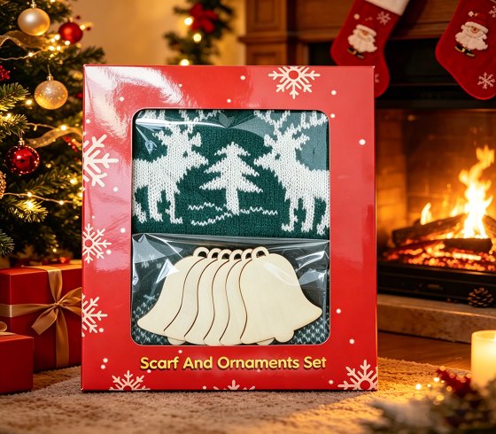 Holiday Gift/Cozy Gift/Christmas Scarf And Wooden Ornaments Gift Set