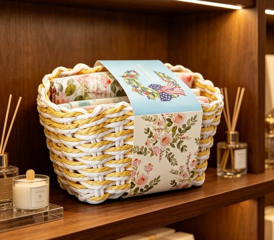 Easy Clean Floral Tea Towel & Durable Woven Storage Basket Set