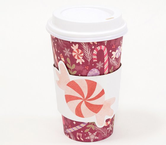 Christmas Candy Printed Disposable 16oz Paper Coffee Cup With Cup Sleeve