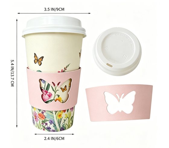 Butterfly Cutout Floral Printed 16oz Disposable Paper Coffee Cup With Cup Sleeve