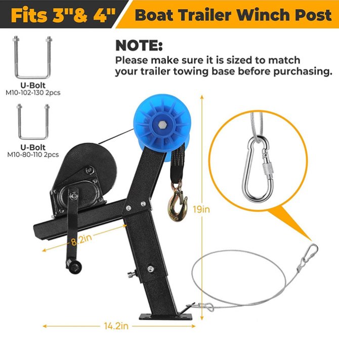 Adjustable boat tug winch bracket and traction winch