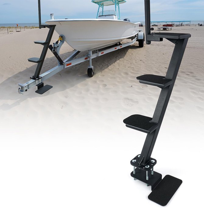Boat trailer with 4-step boat ladder and ramp