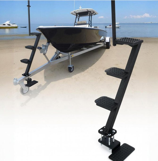 Boat trailer with 4-step boat ladder and ramp
