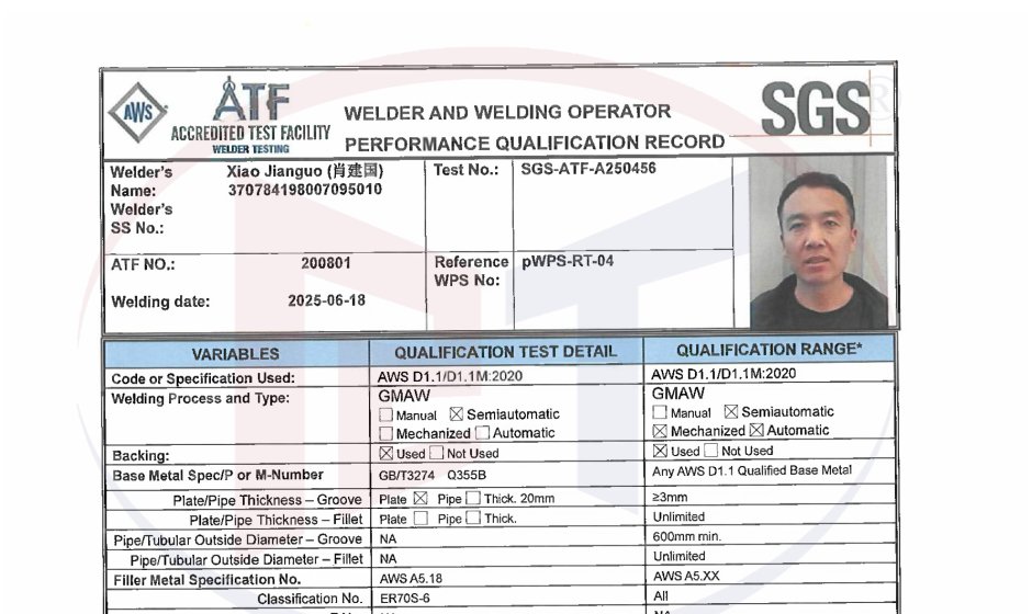 Félicitations : Qingdao RT Steel Structure Co., Ltd. a obtenu la certification SGS pour ses soudeurs et ses procédures de soudage.