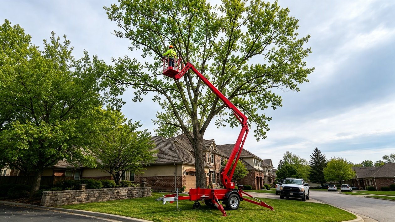 LIFTSGLT towable boom lift used as arborist equipment for residential tree trimming and care