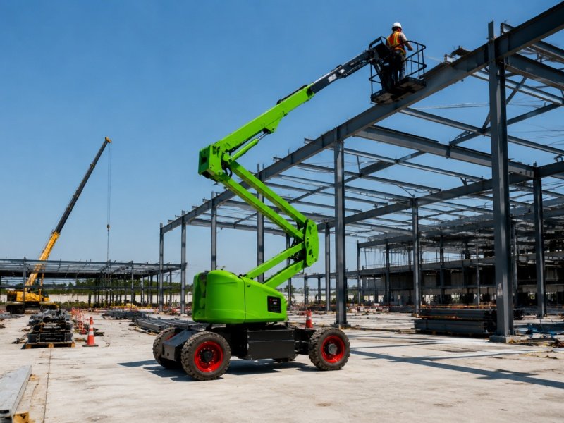 A operator wearing a hard hat and safety vest uses a green articulated boom lift to reach the steel frame structure on a construction site.