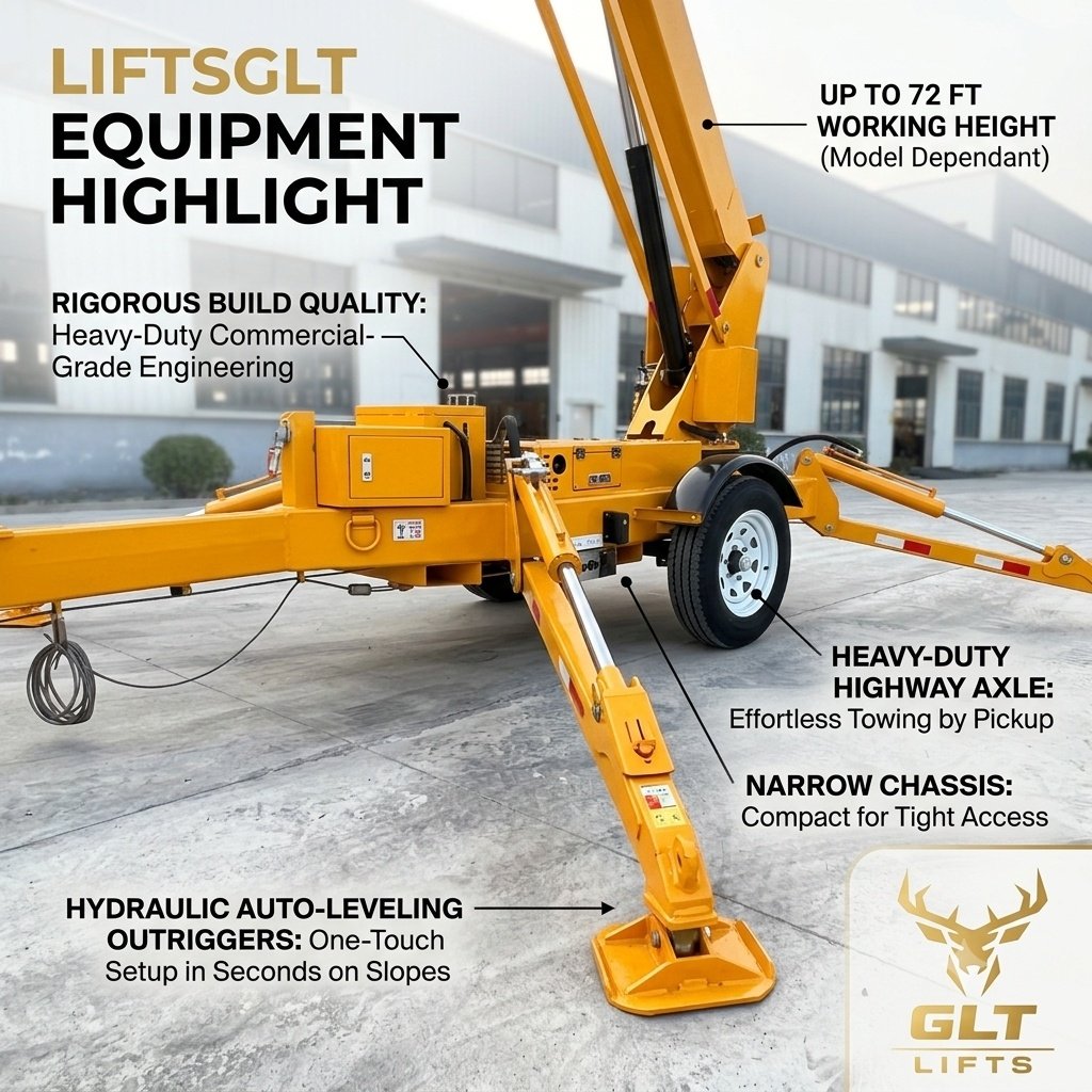 A detailed close-up of a LIFTSGLT towable boom lift highlighting its hydraulic auto-leveling outriggers, heavy-duty highway axle, compact chassis, and commercial-grade build quality.
