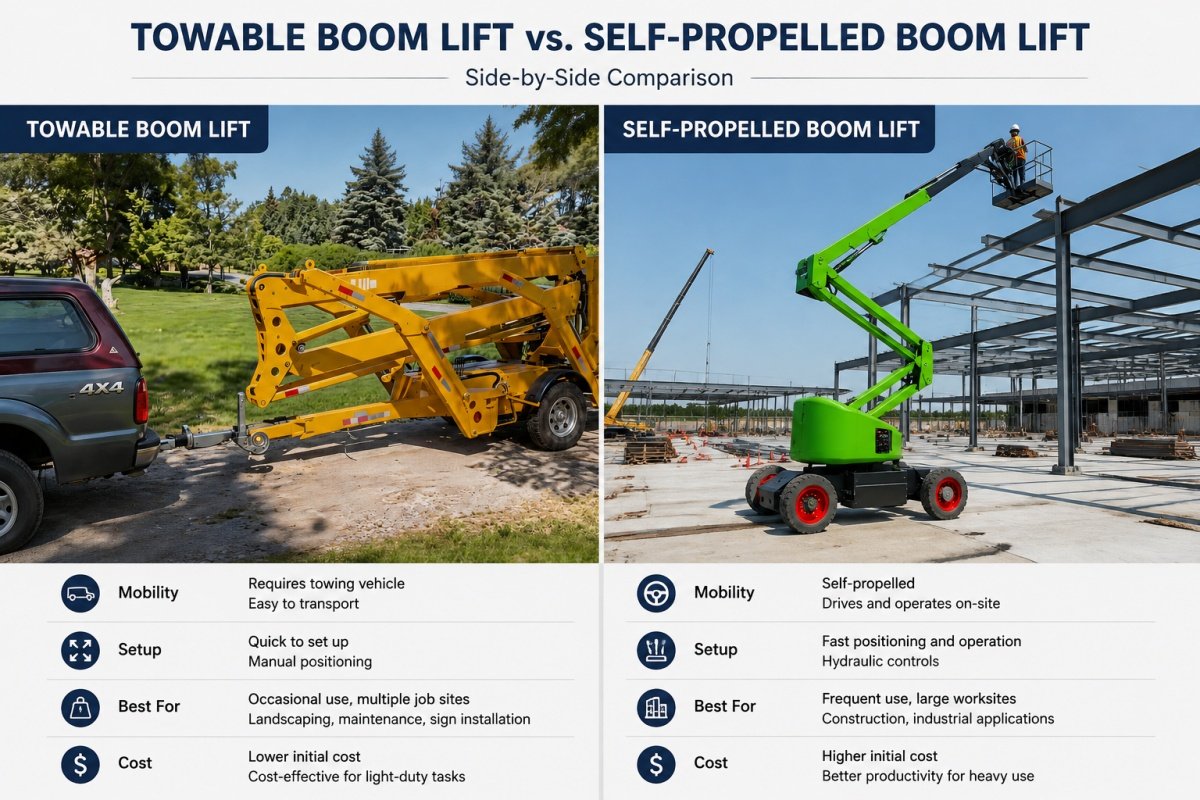 Side-by-side comparison chart between towable boom lift and self-propelled boom lift covering mobility, setup, applications, and cost.
