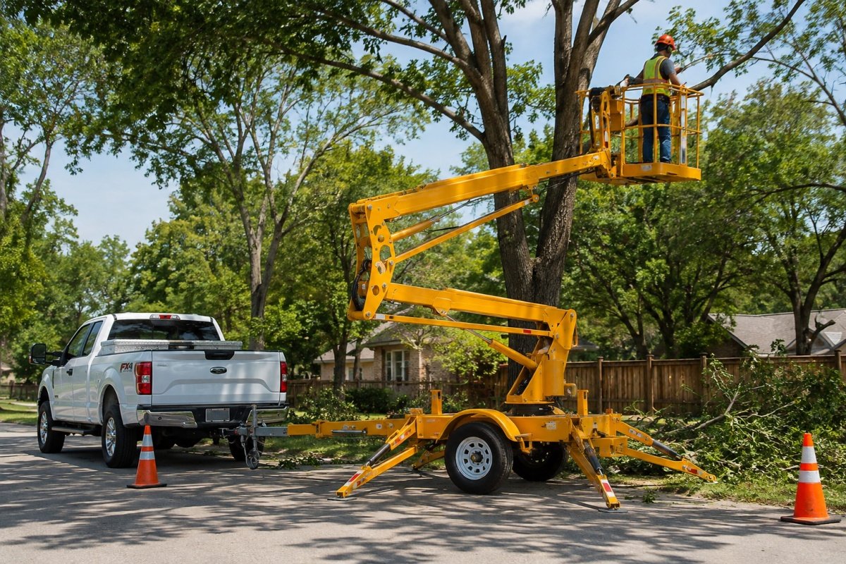A LIFTSGLT towable boom lift hitched to a pickup truck, with an arborist using the platform to trim tree branches in a residential area.