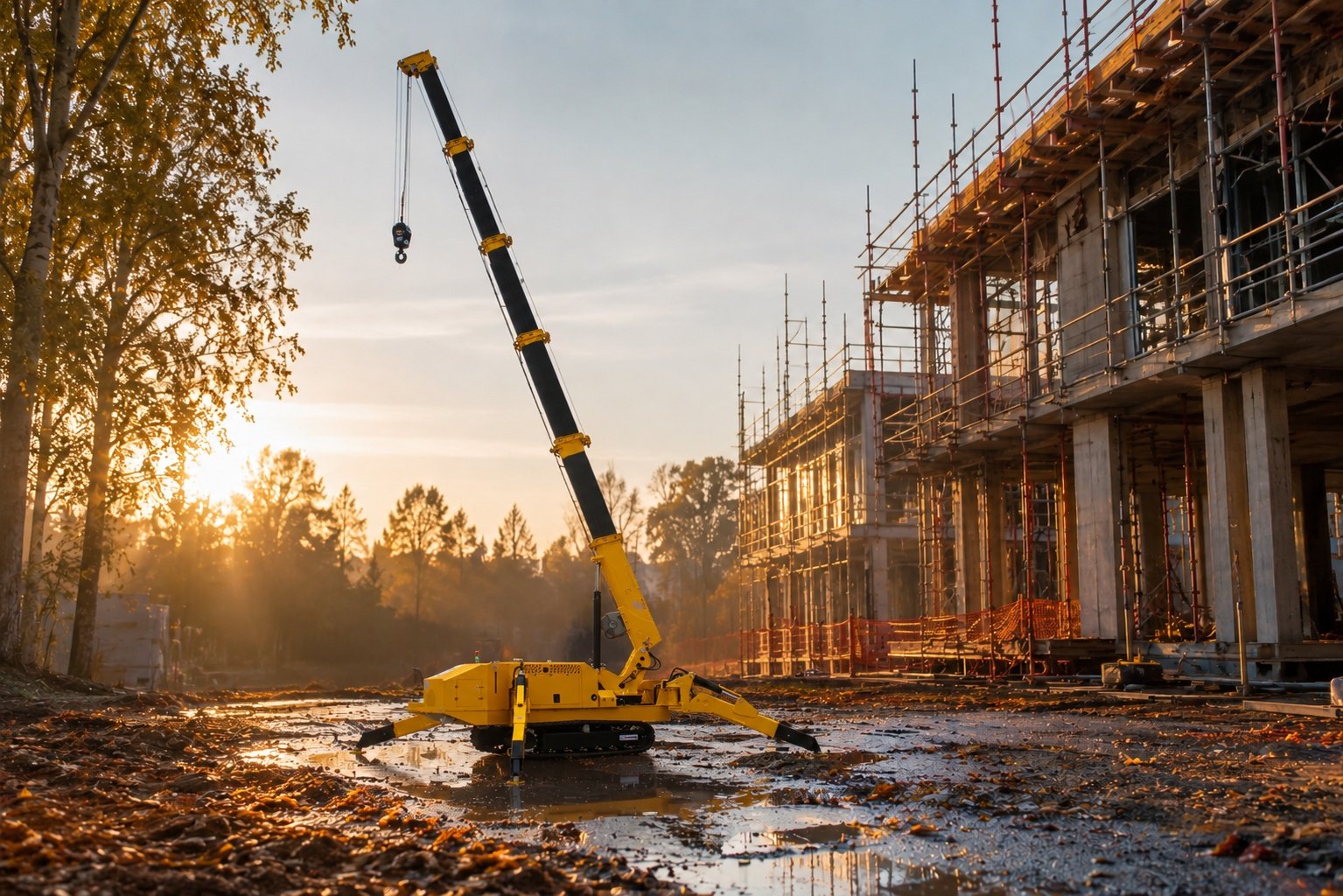 LIFTSGLT mini crawler crane deployed on outriggers at a wet outdoor construction site during autumn, ensuring ground stability for fall lifting operations.