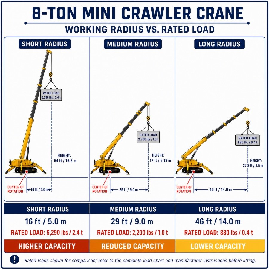 Diagram illustrating how working radius affects 8-ton mini crawler crane capacity, comparing short radius, medium radius, and long radius load moments and lifting heights