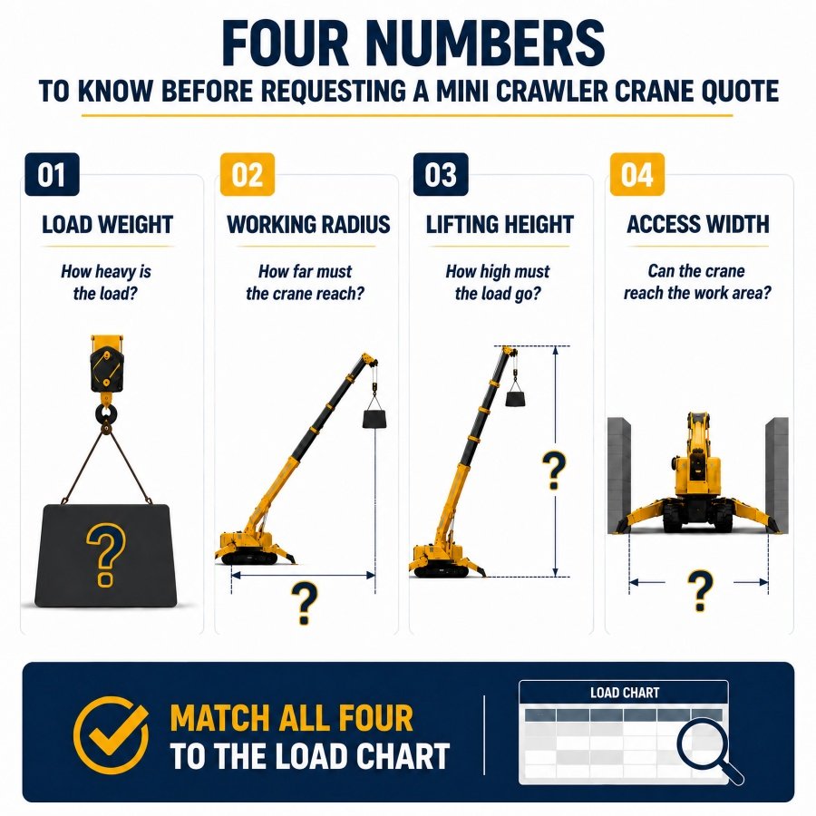 nfographic showing the four essential numbers to know before requesting a mini crawler crane quote: load weight, working radius, lifting height, and access width