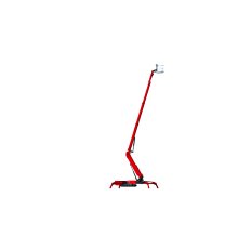 Red spider boom lift with extended telescopic boom and stabilizing outriggers, industrial aerial work platform