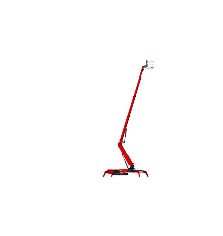 Red spider boom lift with extended telescopic boom and stabilizing outriggers, industrial aerial work platform