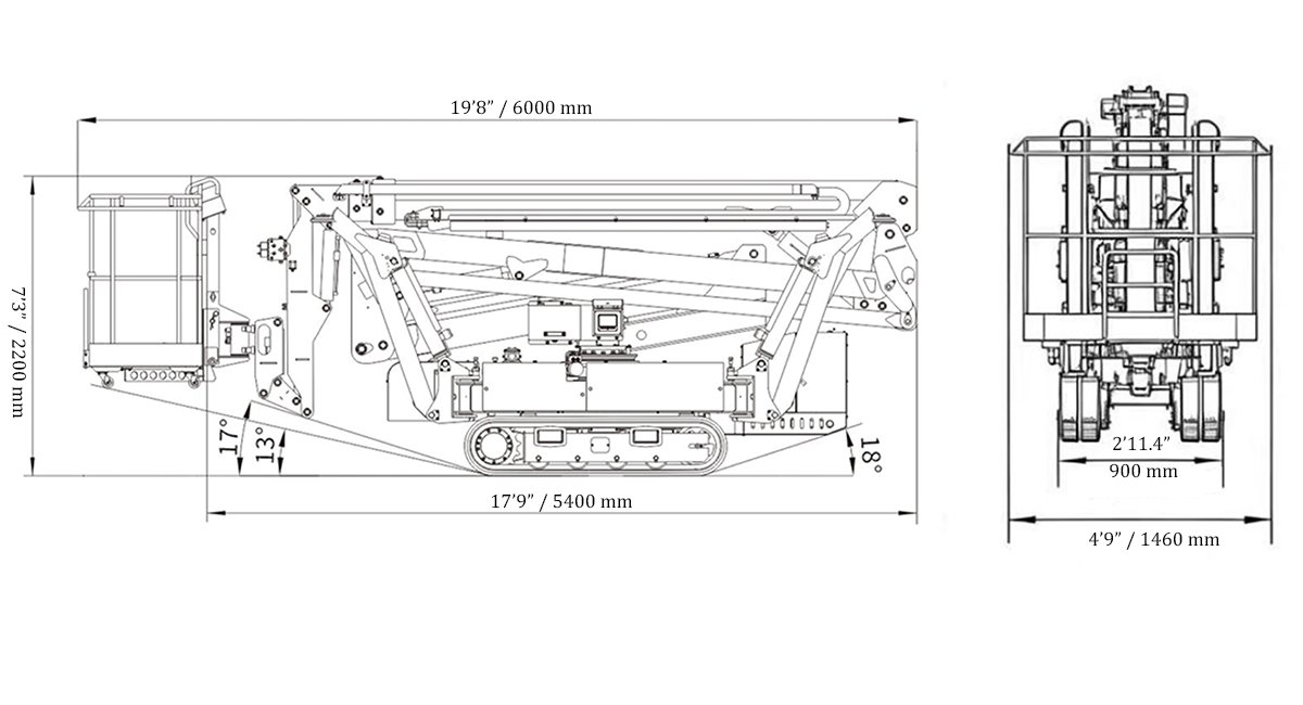 GLT LIFTS GCA98 30m compact crawler boom lift transport dimensions diagram showing length, height, and width in imperial and metric unit