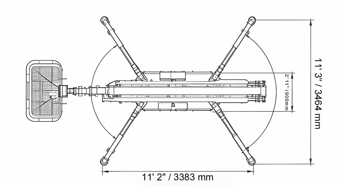 GLT LIFTS GCA66 tracked spider lift outrigger footprint and stabilization dimensions in feet and millimeters