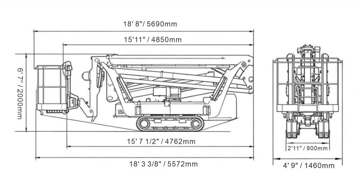 GLI LIFTS GCA66 tracked spider lift stowed and transport dimensions schematic with imperial and metric measurements